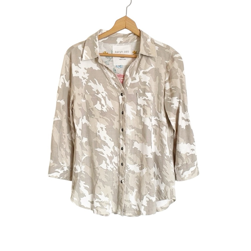 Karyn Seo Womens Gray/Cream Camo Floral Embroidered Button Front Top size S